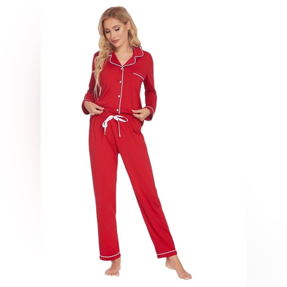 Red Pajama Set long sleeve button down top and pants with white piping, XL - Picture 5 of 5
